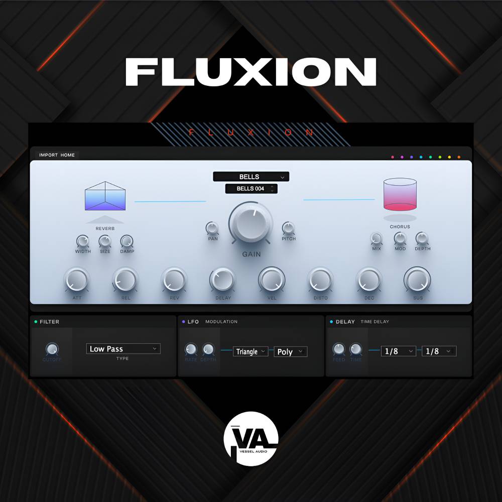 Fluxion VST plugin interface showing modern analog synth and keyboard controls for hip hop and trap production